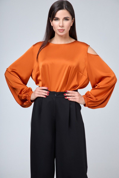 Блуза с разрезами по бокам и открытым плечом, с длинным рукавом Anelli 1218 терракот - фото 7