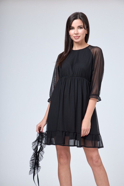 Платье свободное длина до колена с воланом и поясом Anelli 1198 черный - фото 8