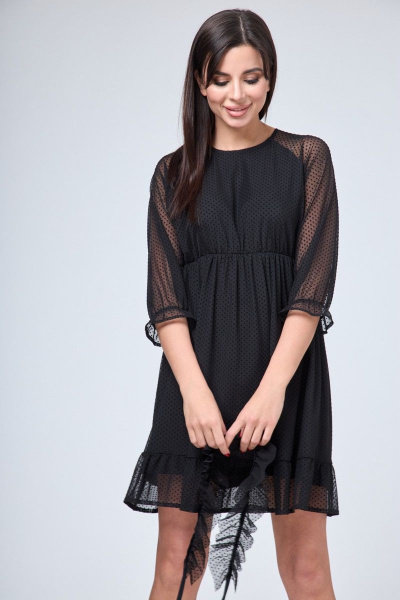 Платье свободное длина до колена с воланом и поясом Anelli 1198 черный - фото 7
