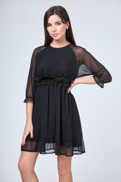 Платье свободное длина до колена с воланом и поясом Anelli 1198 черный - фото 3
