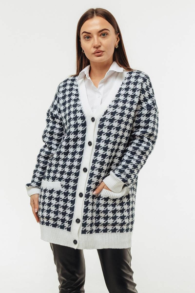 Удлиненный кардиган в гусиную лапку свободный из шерсти Romgil 692ПТЗ белый,индиго - фото 1