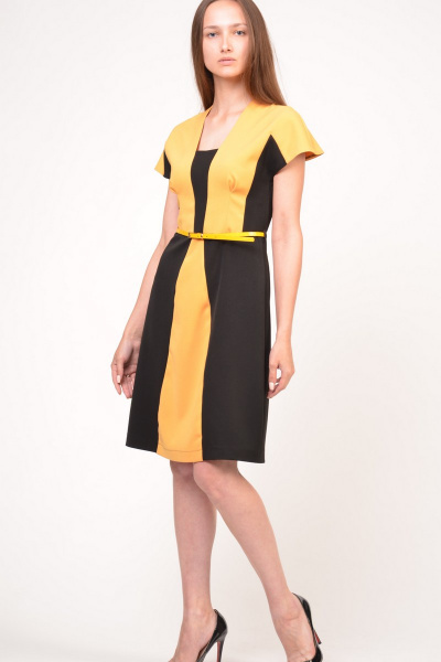 Платье коктейльное из вискозы с ремешком для идеального силуэта Domna 425(164) черно-желтый - фото 2