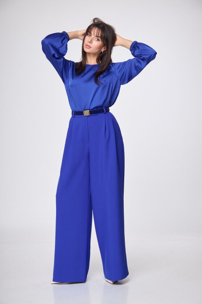 Параллельные брюки палаццо с высокой посадкой из костюмной ткани Anelli 1162 василек - фото 7
