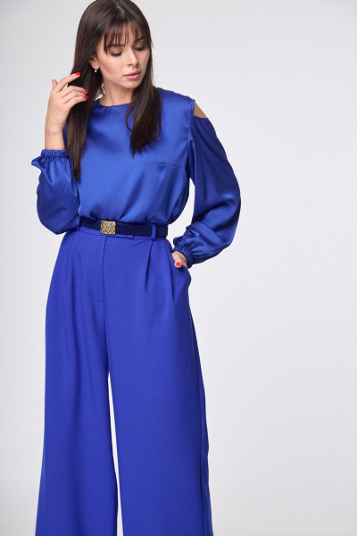 Параллельные брюки палаццо с высокой посадкой из костюмной ткани Anelli 1162 василек - фото 6