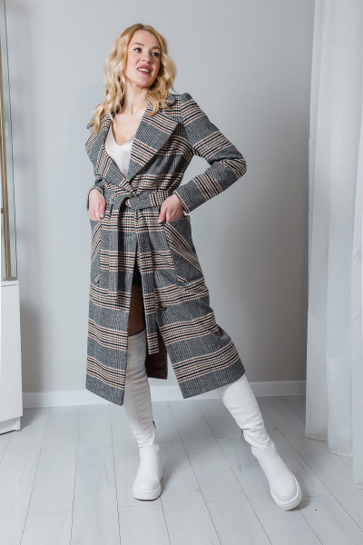 Пальто демисезонное классическое с поясом и карманами Atelero 1034 клетка - фото 2