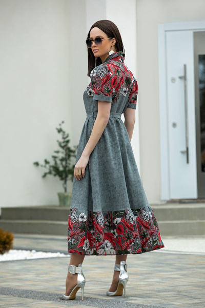 Летнее платье с вышивкой и поясом из текстиля Diva 1407 серый - фото 3