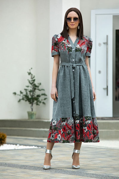 Летнее платье с вышивкой и поясом из текстиля Diva 1407 серый - фото 2