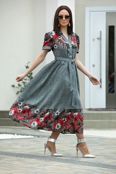 Летнее платье с вышивкой и поясом из текстиля Diva 1407 серый - фото 1