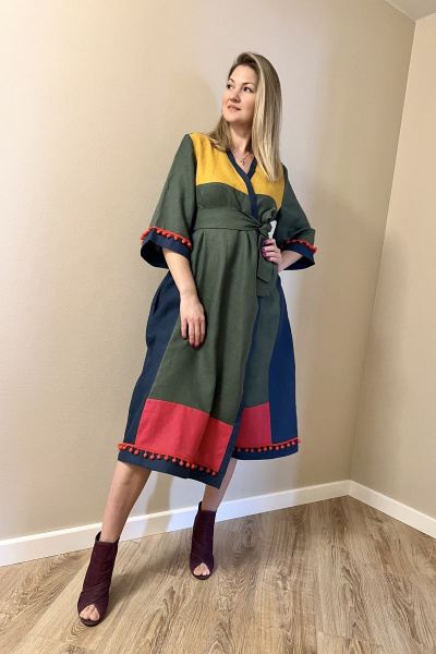 Платье кимоно из льна с пояском и свободным кроем Pavlova 136 - фото 4