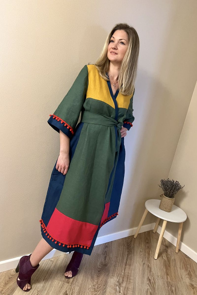 Платье кимоно из льна с пояском и свободным кроем Pavlova 136 - фото 3