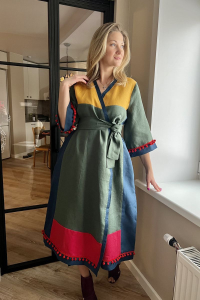 Платье кимоно из льна с пояском и свободным кроем Pavlova 136 - фото 1