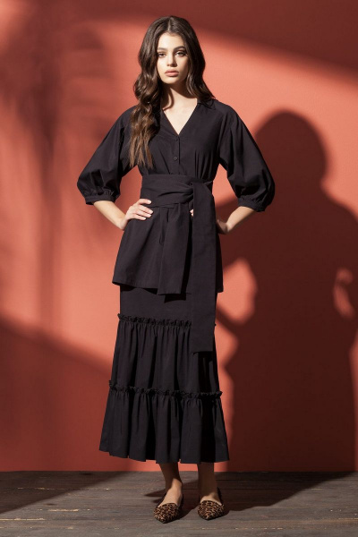 Юбка хлопковая миди с обтачкой и воланами Nova Line 3509 чёрный - фото 1