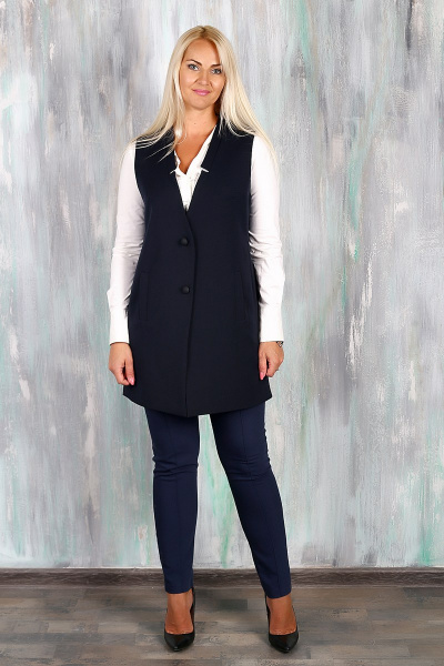 Деловой удлиненный синий жилет с фигурной линией борта Avila 0652 синий - фото 3