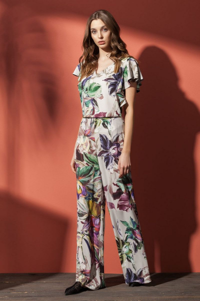 Элегантные струящиеся брюки с галстуком и застежкой сбоку Nova Line 4555 цветы - фото 1