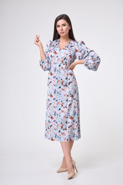 Платье из шелковой ткани с сборками и V-образным вырезом Anelli 1045 голубой_армани - фото 1