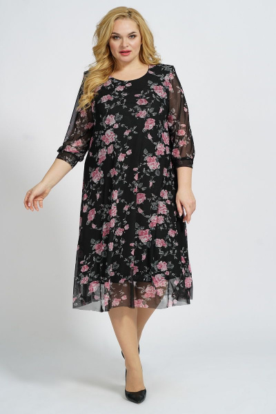 Платье А-силуэта на подкладке из сетки и трикотажа БАГРЯНИЦА 5049 черно-розовый - фото 1
