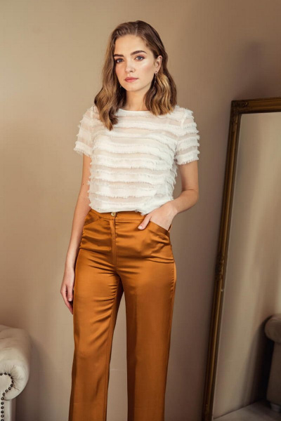 Брюки из атласного полотна с высокой посадкой и свободным силуэтом Nelva 3748 охра - фото 2