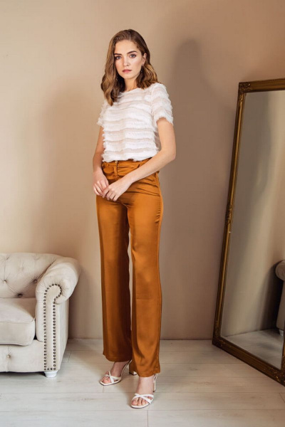 Брюки из атласного полотна с высокой посадкой и свободным силуэтом Nelva 3748 охра - фото 1