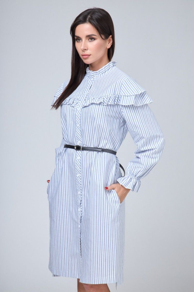 Платье-рубашка хлопковое с рюшем, воланами и длинными рукавами Anelli 1024 полоска_серо-голубая - фото 10