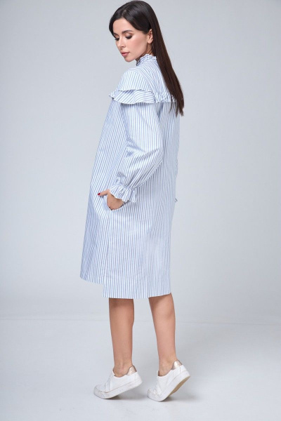 Платье-рубашка хлопковое с рюшем, воланами и длинными рукавами Anelli 1024 полоска_серо-голубая - фото 9