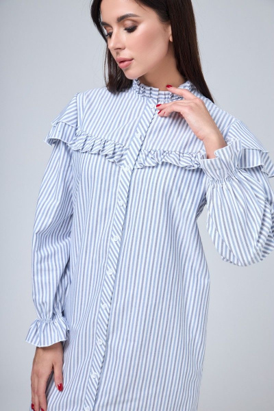 Платье-рубашка хлопковое с рюшем, воланами и длинными рукавами Anelli 1024 полоска_серо-голубая - фото 8
