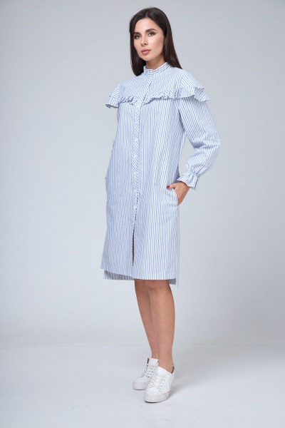 Платье-рубашка хлопковое с рюшем, воланами и длинными рукавами Anelli 1024 полоска_серо-голубая - фото 7