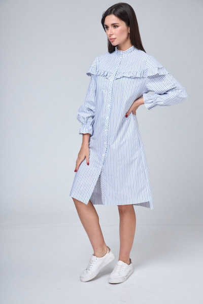 Платье-рубашка хлопковое с рюшем, воланами и длинными рукавами Anelli 1024 полоска_серо-голубая - фото 6