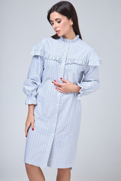 Платье-рубашка хлопковое с рюшем, воланами и длинными рукавами Anelli 1024 полоска_серо-голубая - фото 5