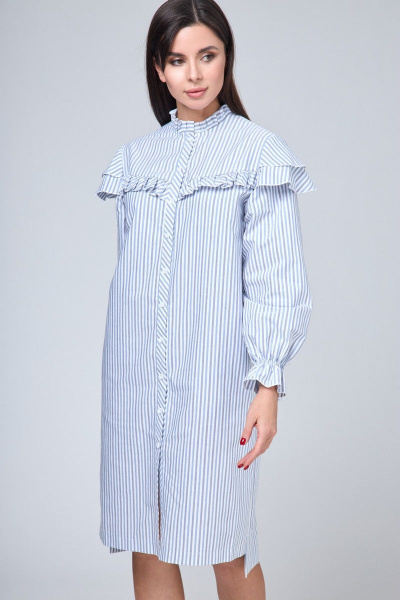 Платье-рубашка хлопковое с рюшем, воланами и длинными рукавами Anelli 1024 полоска_серо-голубая - фото 4