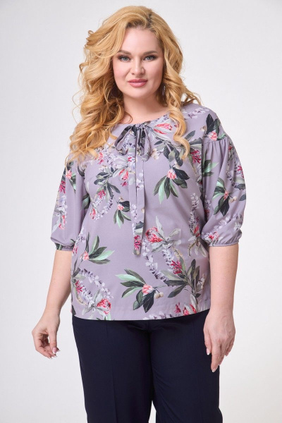 Блуза прямого силуэта с асимметричным низом из текстиля Anelli 831 лиловый_цветы - фото 1