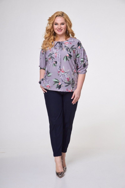 Блуза прямого силуэта с асимметричным низом из текстиля Anelli 831 лиловый_цветы - фото 2