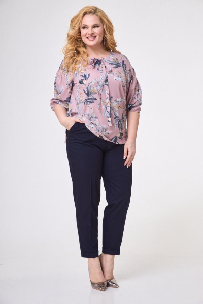 Блуза с нежным принтом и сборками из хлопка Anelli 831 пудра_цветы - фото 1