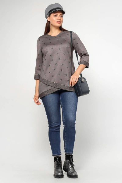Туника трапециевидного силуэта из трикотажа для демисезона La rouge 3196 капучино-(птички) - фото 2