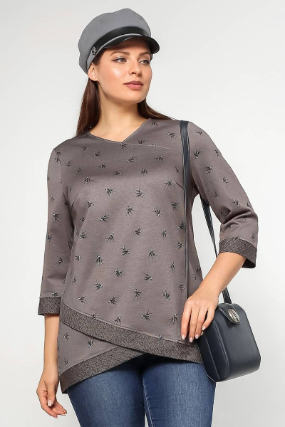 Туника трапециевидного силуэта из трикотажа для демисезона La rouge 3196 капучино-(птички) - фото 1
