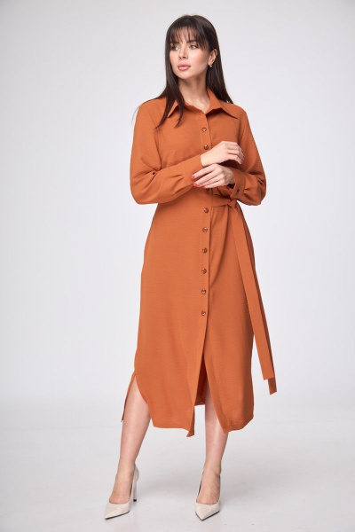 Платье нарядное прямое с разрезами и подчеркнутой талией Anelli 1216 терракот - фото 2
