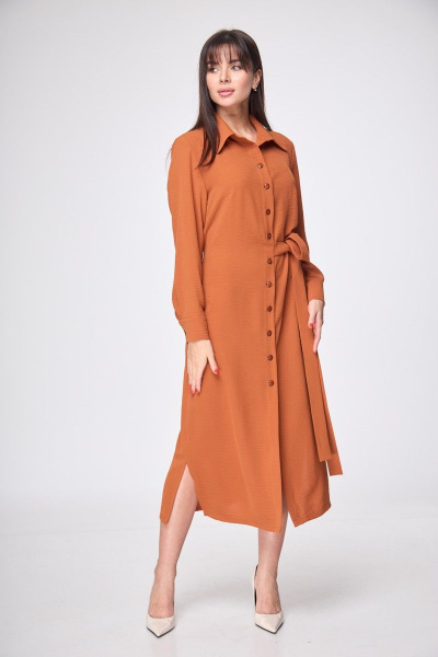 Платье нарядное прямое с разрезами и подчеркнутой талией Anelli 1216 терракот - фото 1