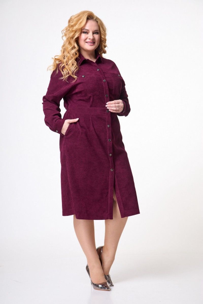 Платье вельветовое миди с накладными карманами и поясом Anelli 920 бордо - фото 1