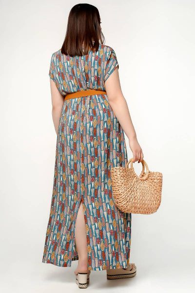 Платье свободное с нагрудными вытачками и поясом La rouge 5386 бирюза-набивной - фото 3