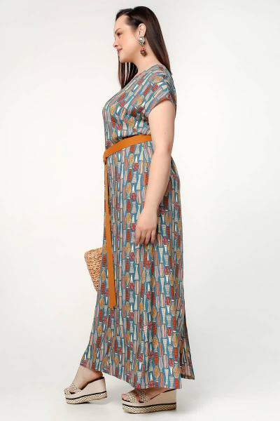 Платье свободное с нагрудными вытачками и поясом La rouge 5386 бирюза-набивной - фото 2