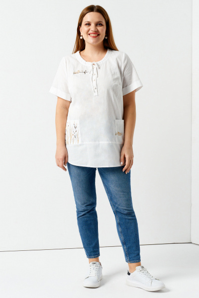 Белая летняя блуза с вышивкой и рукавом 3/4 Панда 95140w белый - фото 1