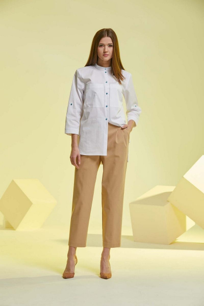 Блуза из хлопка с нагрудными карманами и принтом Andina 102 белый+фольга_бирюза - фото 4