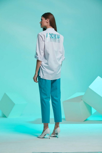 Блуза из хлопка с нагрудными карманами и принтом Andina 102 белый+фольга_бирюза - фото 3