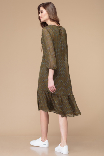 Демисезонное платье с воланом, поясом и принтом полоска Линия Л Б-1726 хаки - фото 3