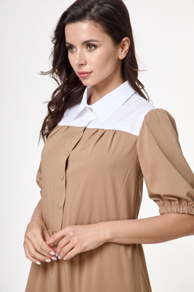 Платье рубашка из текстиля с карманами и резинкой рукава Anelli 1057 ириска - фото 3