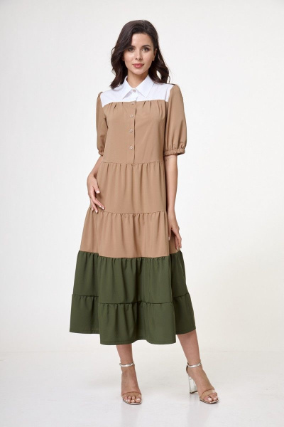 Платье рубашка из текстиля с карманами и резинкой рукава Anelli 1057 ириска - фото 2