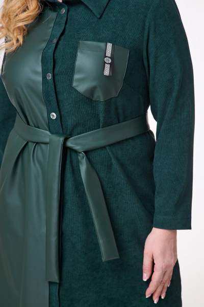 Платье вельвет и экокожа с ремнем и карманами Anelli 1247 бутылка - фото 4