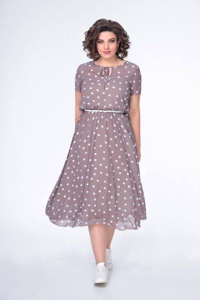 Платье из шифона с резинкой по линии талии и коротким рукавом Swallow 487 кофейный_в_белый_горох - фото 6