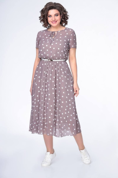 Платье из шифона с резинкой по линии талии и коротким рукавом Swallow 487 кофейный_в_белый_горох - фото 1