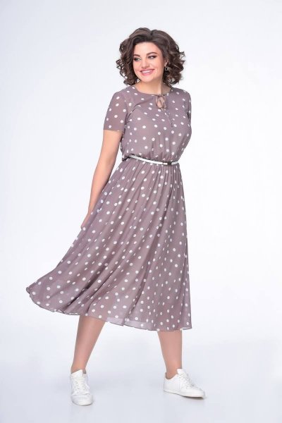 Платье из шифона с резинкой по линии талии и коротким рукавом Swallow 487 кофейный_в_белый_горох - фото 5