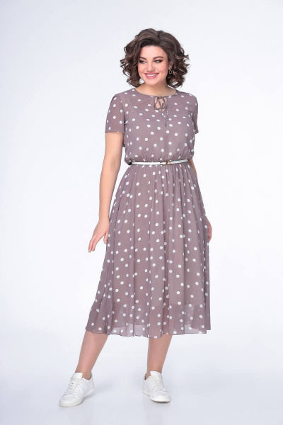 Платье из шифона с резинкой по линии талии и коротким рукавом Swallow 487 кофейный_в_белый_горох - фото 7